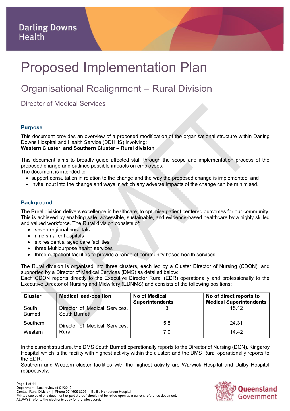 Darling Downs Hospital and Health Service (DDHHS) Involving: Western Cluster, and Southern Cluster – Rural Division