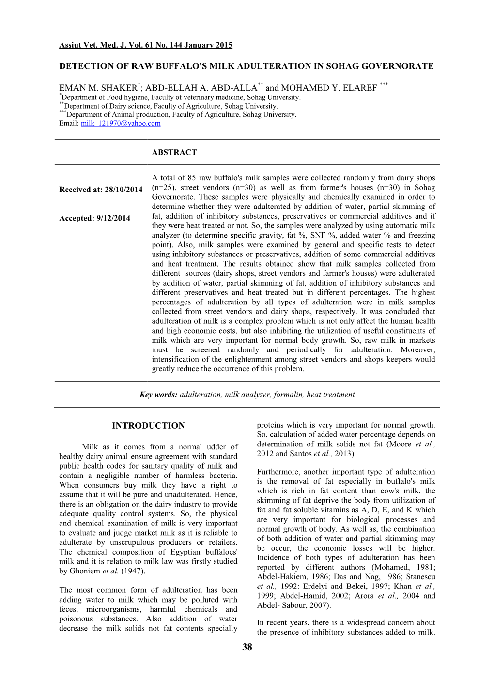 Detection of Raw Buffalo's Milk Adulteration in Sohag Governorate