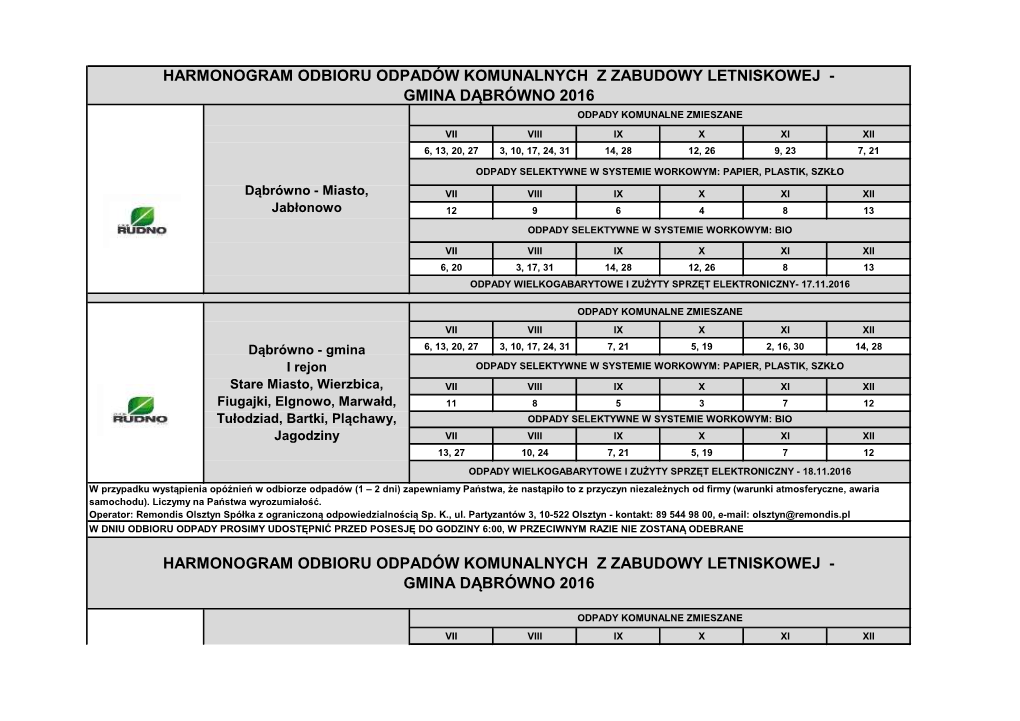 Gmina Dąbrówno 2016 Harmonogram Odbioru