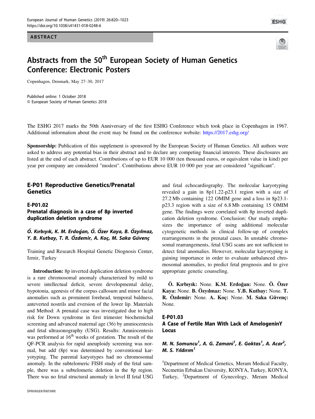 Abstracts from the 50Th European Society of Human Genetics Conference: Electronic Posters