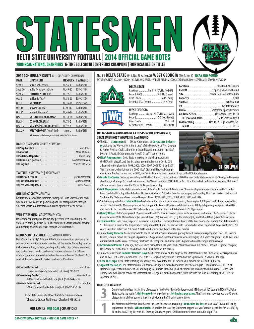 Delta State University Football | 2014 Official Game Notes 2000 Ncaa National Champions | 6-Time Gulf South Conference Champions | Four Ncaa Region Titles