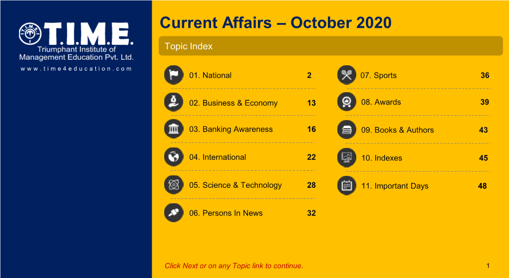 Current Affairs – October 2020 Topic Index 01