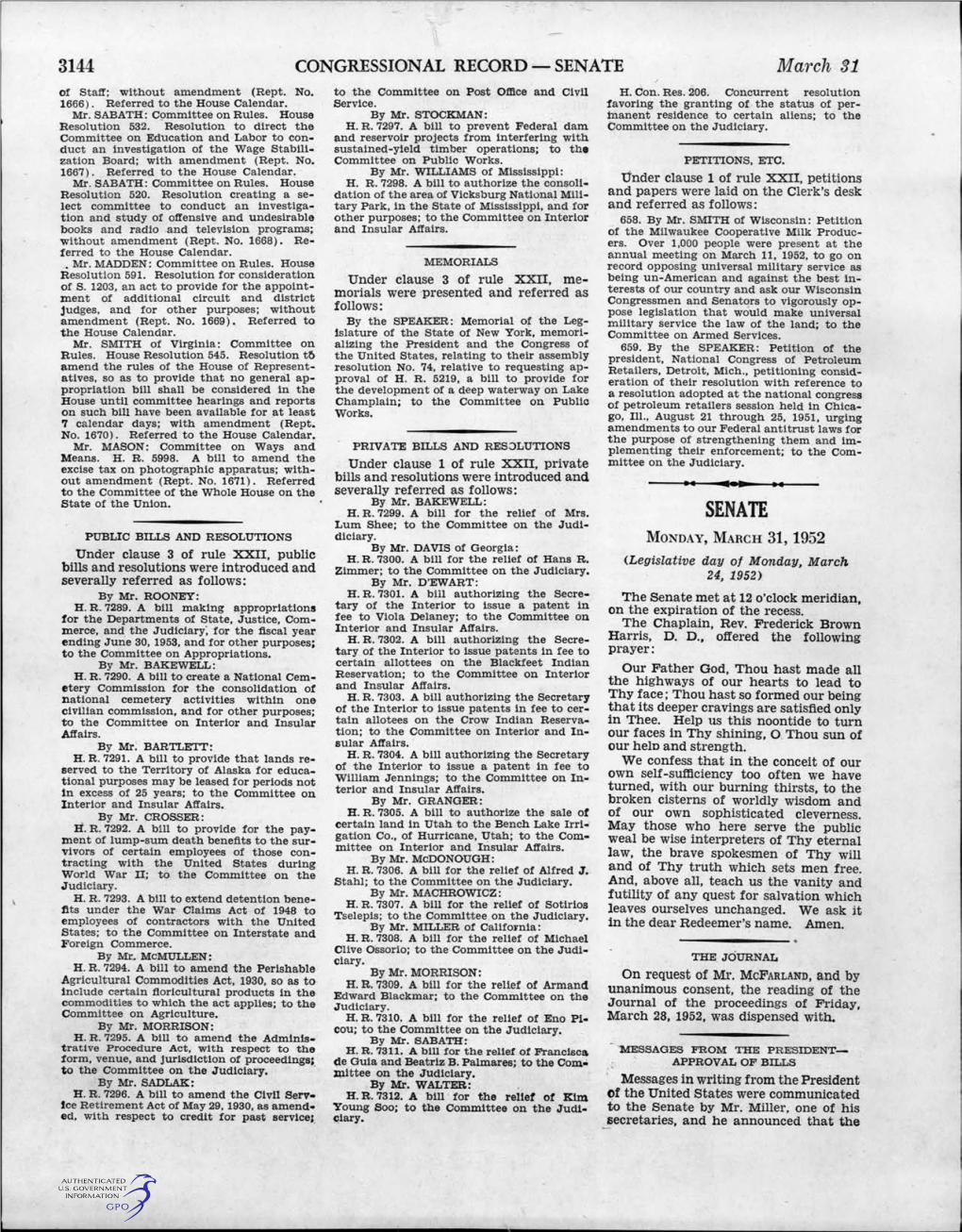 CONGRESSIONAL RECORD - SENATE March 31 of Staff; Without Amendment (Rept