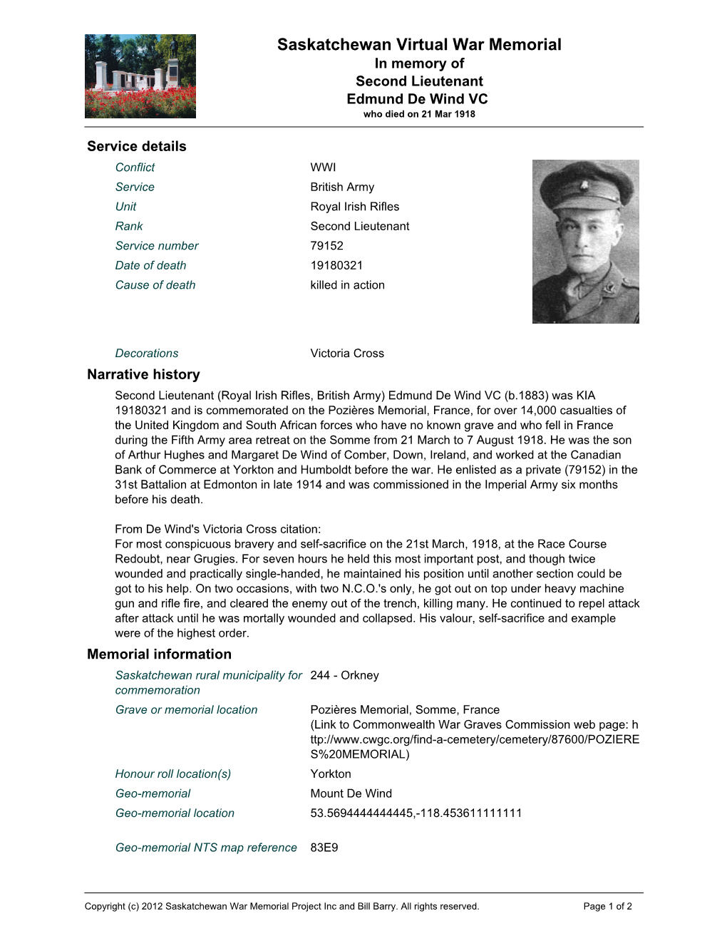 Saskatchewan Virtual War Memorial in Memory of Second Lieutenant Edmund De Wind VC Who Died on 21 Mar 1918