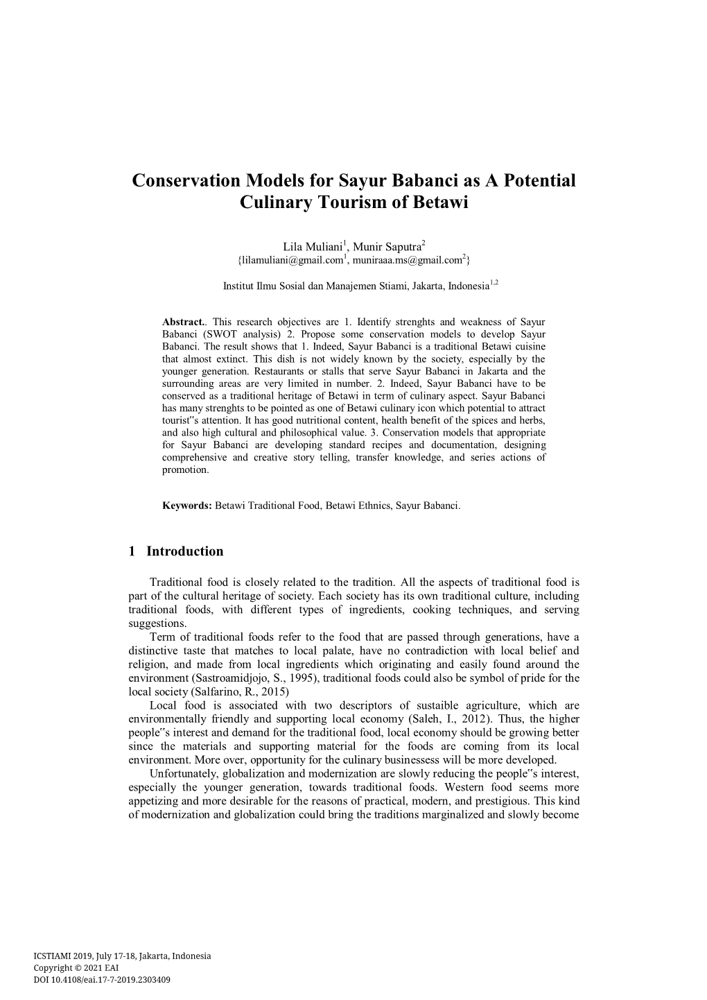 Conservation Models for Sayur Babanci As a Potential Culinary Tourism of Betawi