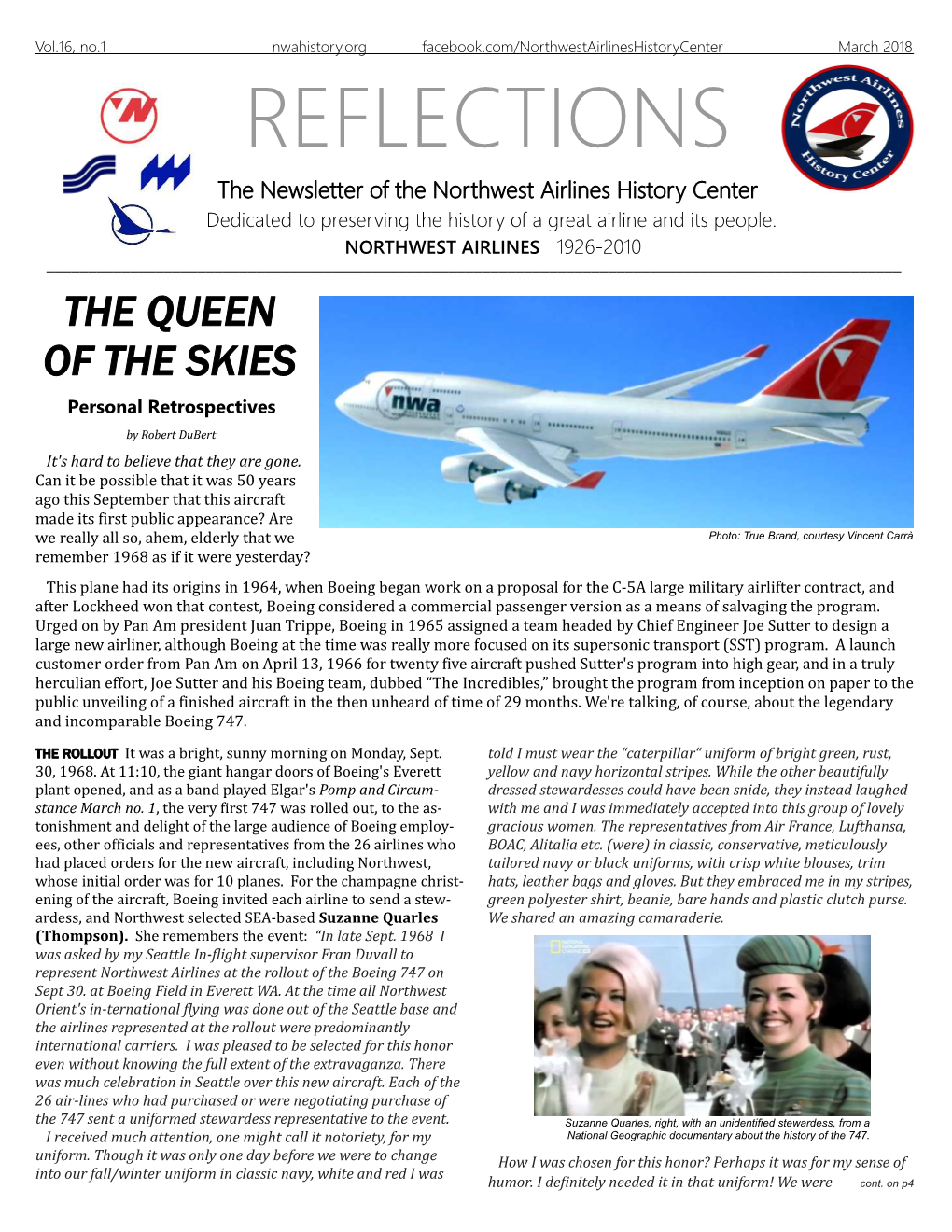 March 2018 REFLECTIONS the Newsletter of the Northwest Airlines History Center Dedicated to Preserving the History of a Great Airline and Its People