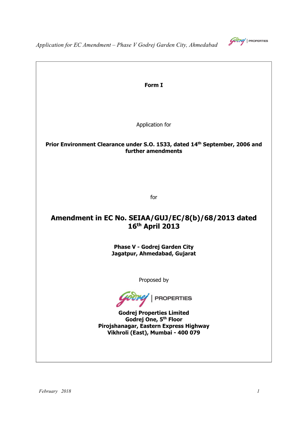 Amendment in EC No. SEIAA/GUJ/EC/8(B)/68/2013 Dated 16Th April 2013