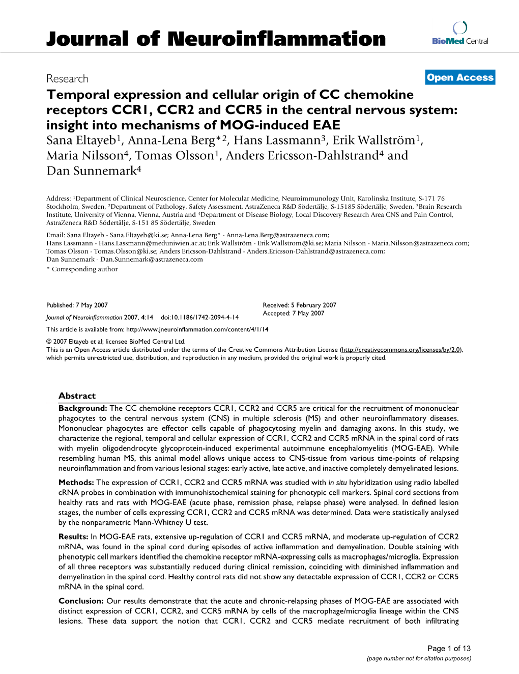 Temporal Expression and Cellular Origin of CC Chemokine Receptors