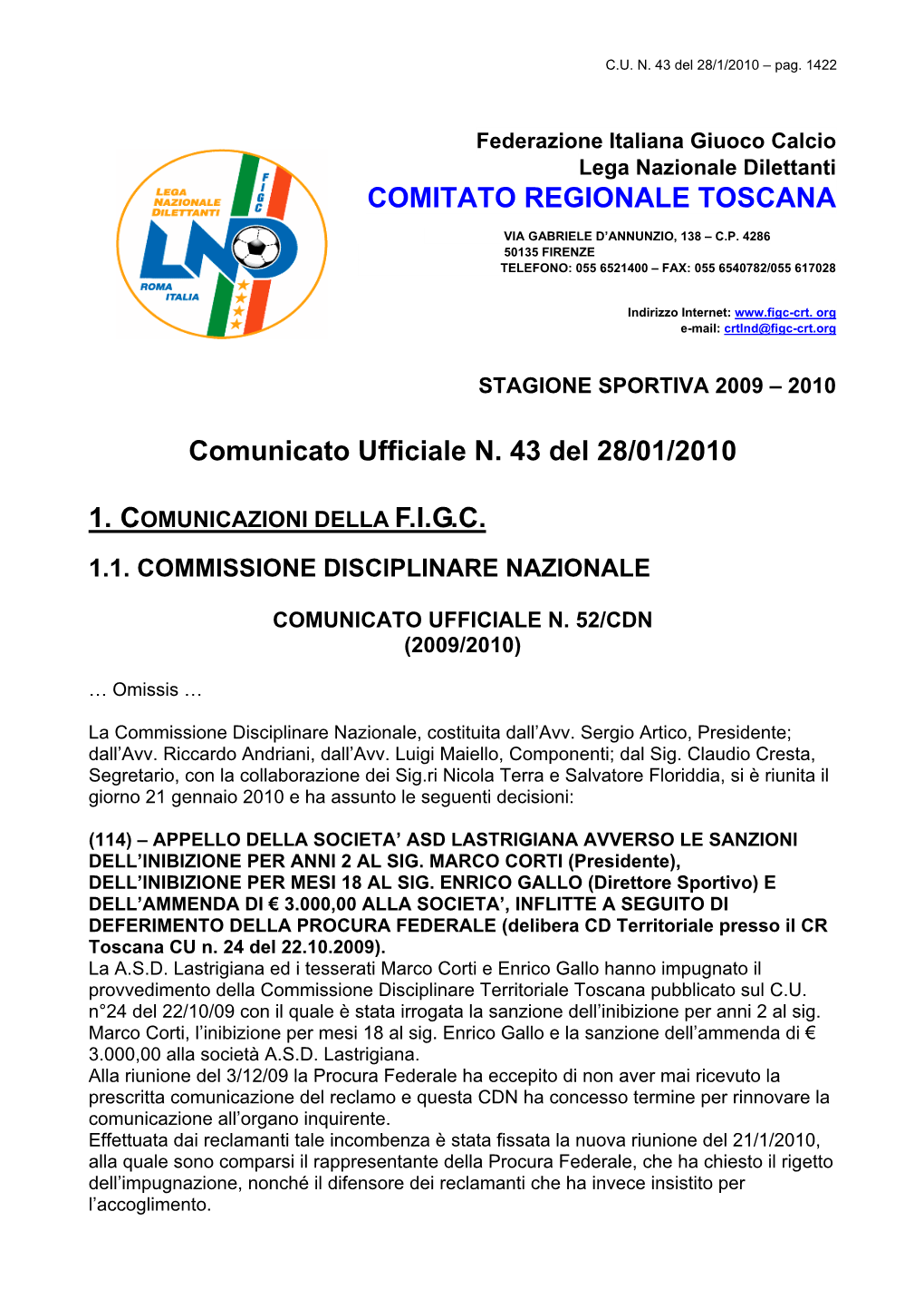 Comunicato Ufficiale N. 43 Del 28/01/2010 COMITATO