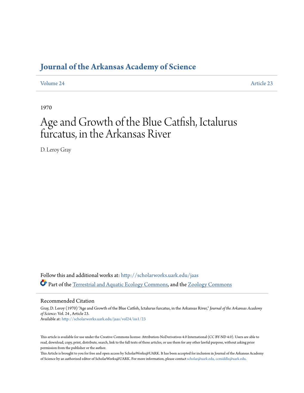 Age and Growth of the Blue Catfish, Ictalurus Furcatus, in the Arkansas River D