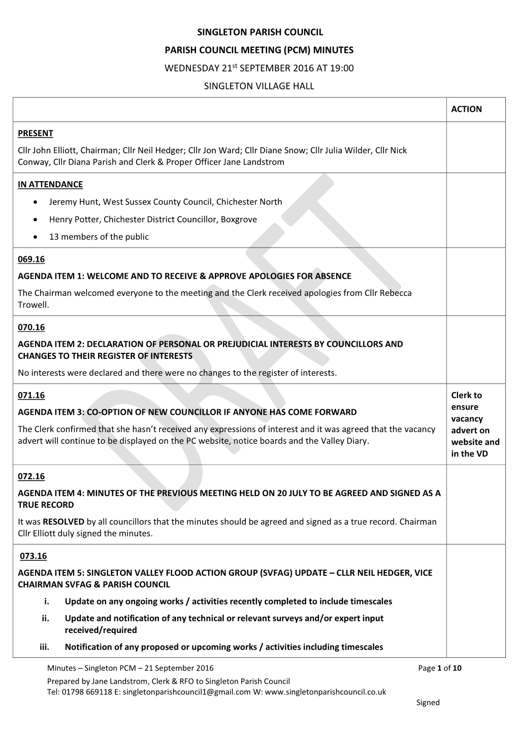 SINGLETON PARISH COUNCIL PARISH COUNCIL MEETING (PCM) MINUTES WEDNESDAY 21St SEPTEMBER 2016 at 19:00 SINGLETON VILLAGE HALL