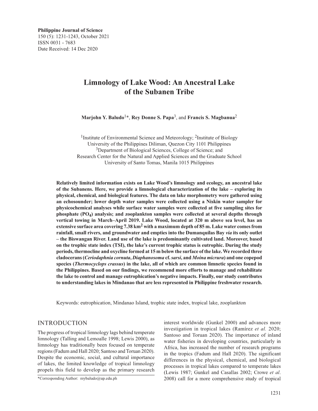 Limnology of Lake Wood: an Ancestral Lake of the Subanen Tribe