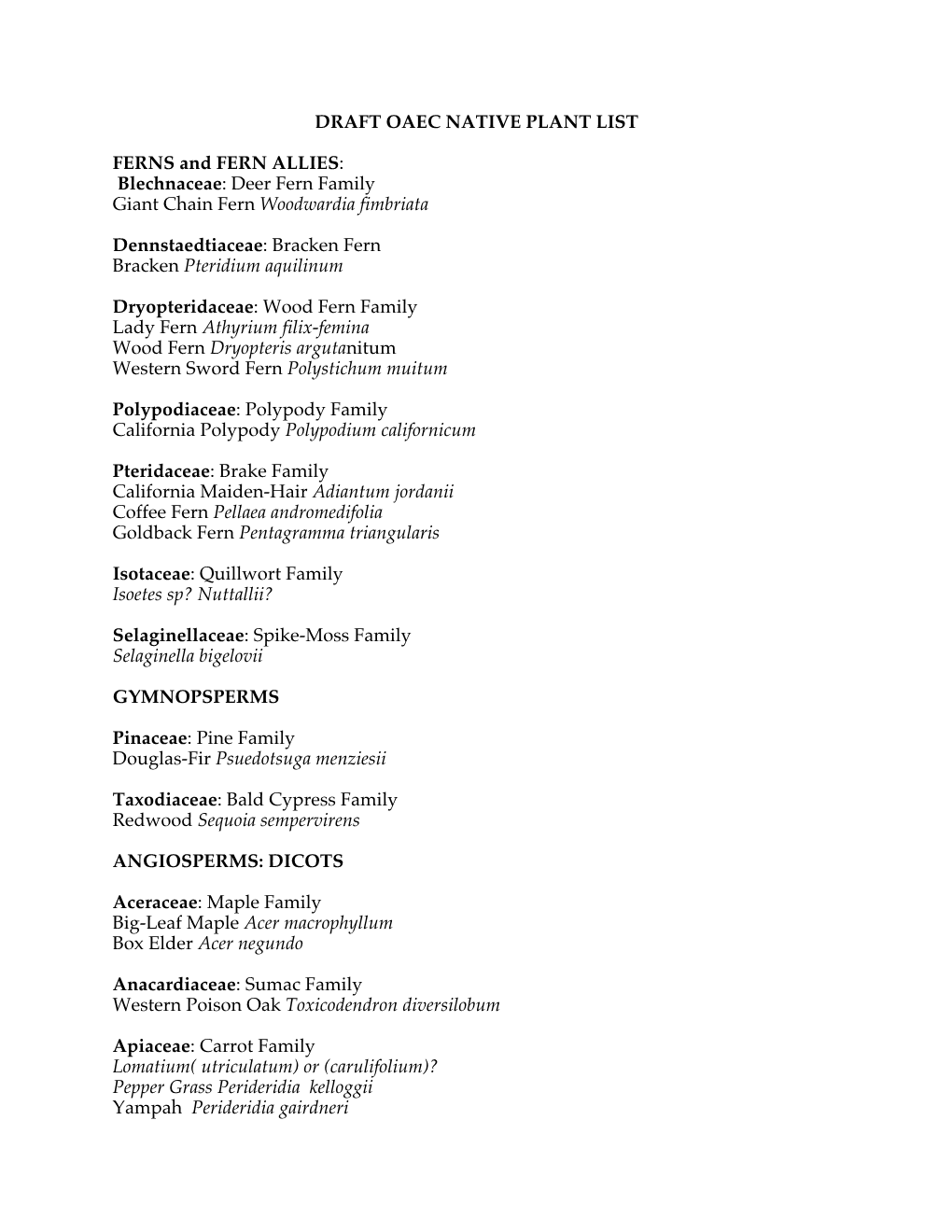 DRAFT OAEC NATIVE PLANT LIST FERNS and FERN ALLIES