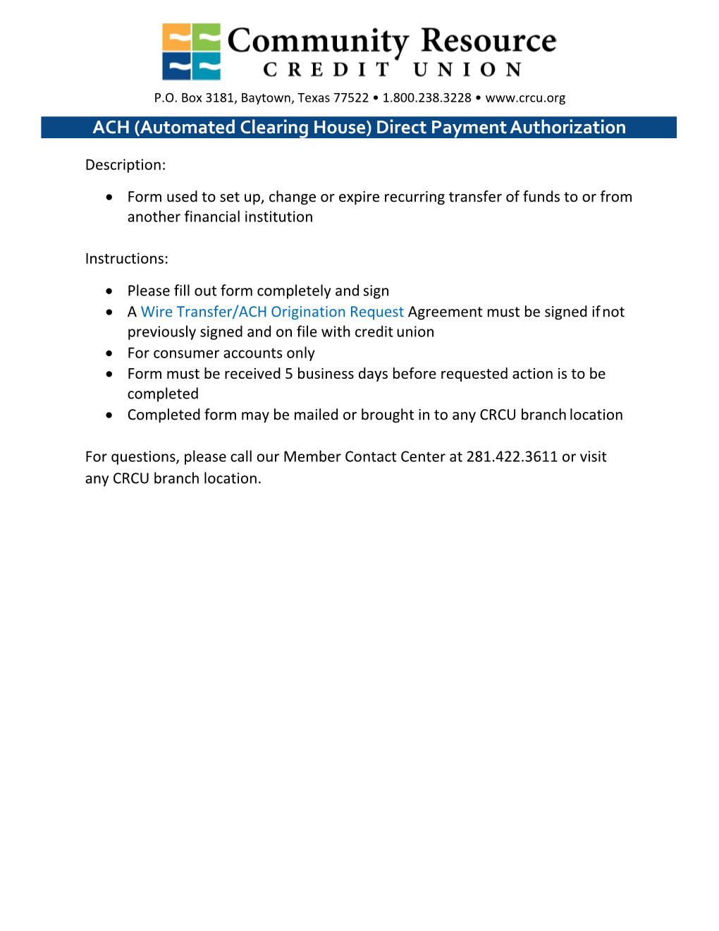 ACH (Automated Clearing House) Direct Payment Authorization