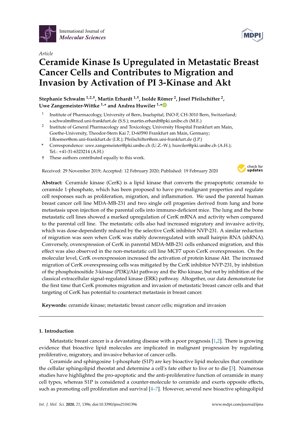 Ceramide Kinase Is Upregulated in Metastatic Breast Cancer Cells and Contributes to Migration and Invasion by Activation of PI 3-Kinase and Akt