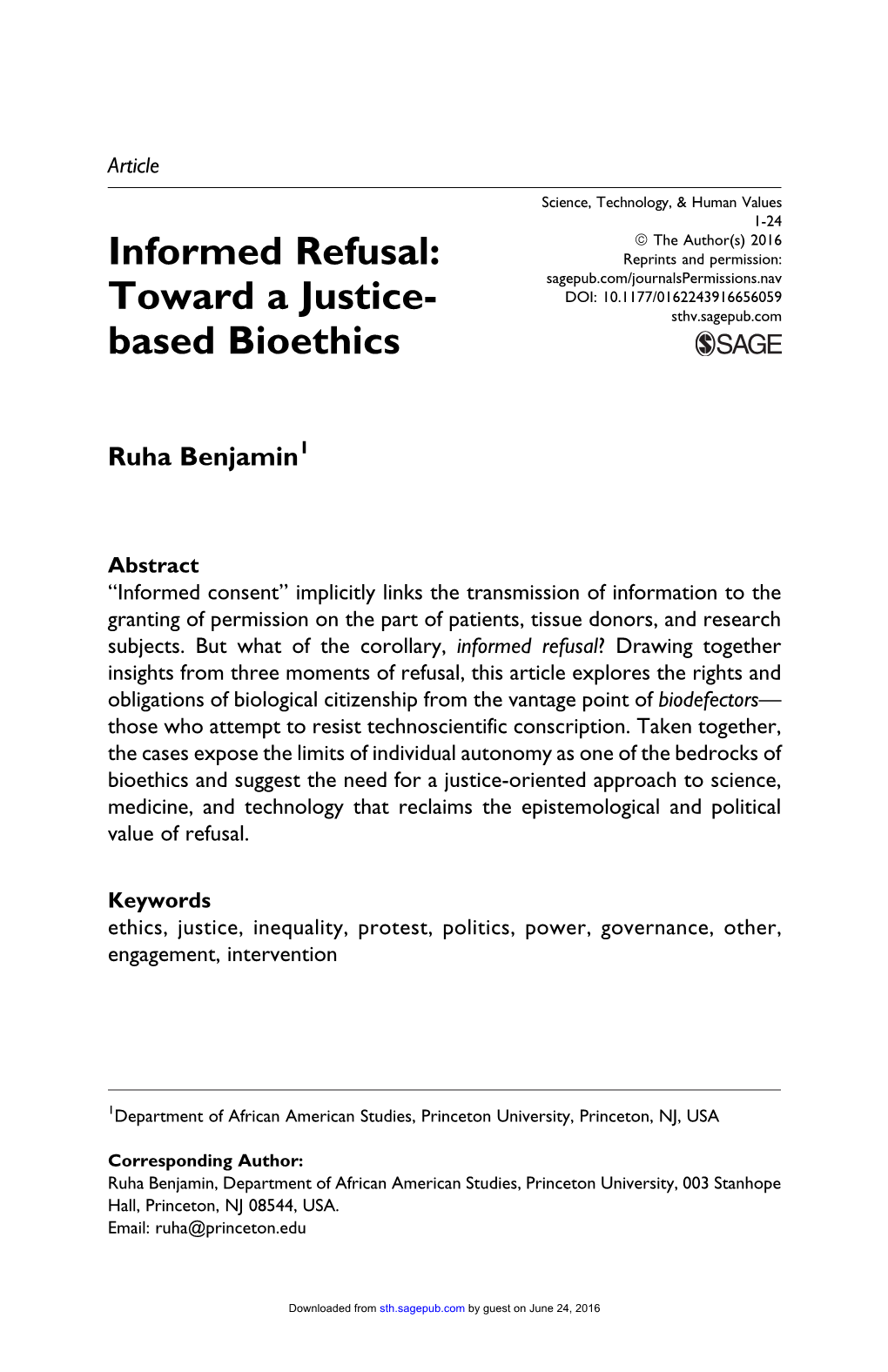 Informed Refusal: Reprints and Permission: Sagepub.Com/Journalspermissions.Nav DOI: 10.1177/0162243916656059 Toward a Justice- Sthv.Sagepub.Com Based Bioethics