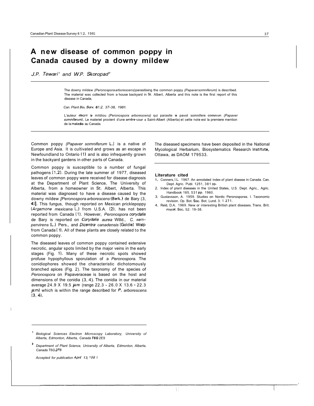 A New Disease of Common Poppy in Canada Caused by a Downy Mildew