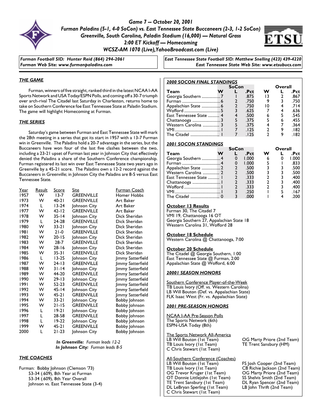 Game 7 -- October 20, 2001 Furman Paladins (5-1, 4-0 Socon) Vs