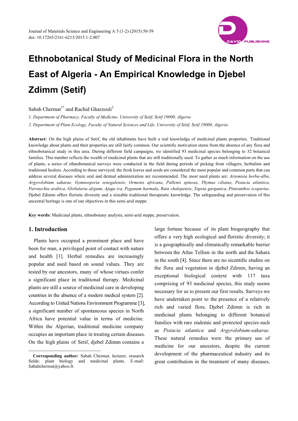 Ethnobotanical Study of Medicinal Flora in the North East of Algeria - an Empirical Knowledge in Djebel Zdimm (Setif)