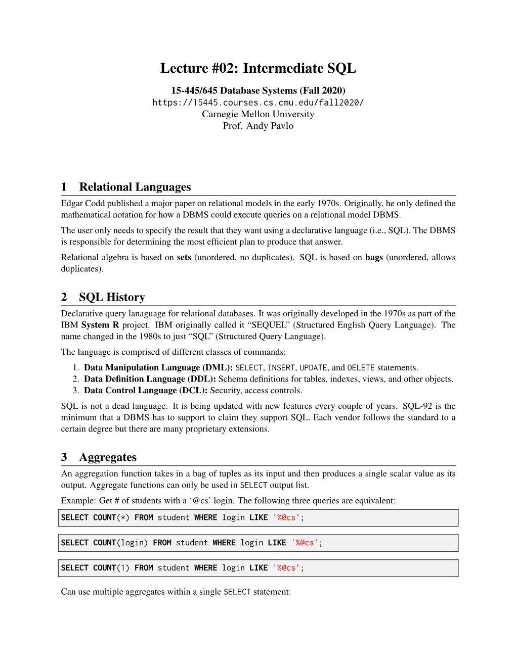 15-445/645 Database Systems (Fall 2020) Carnegie Mellon University Prof