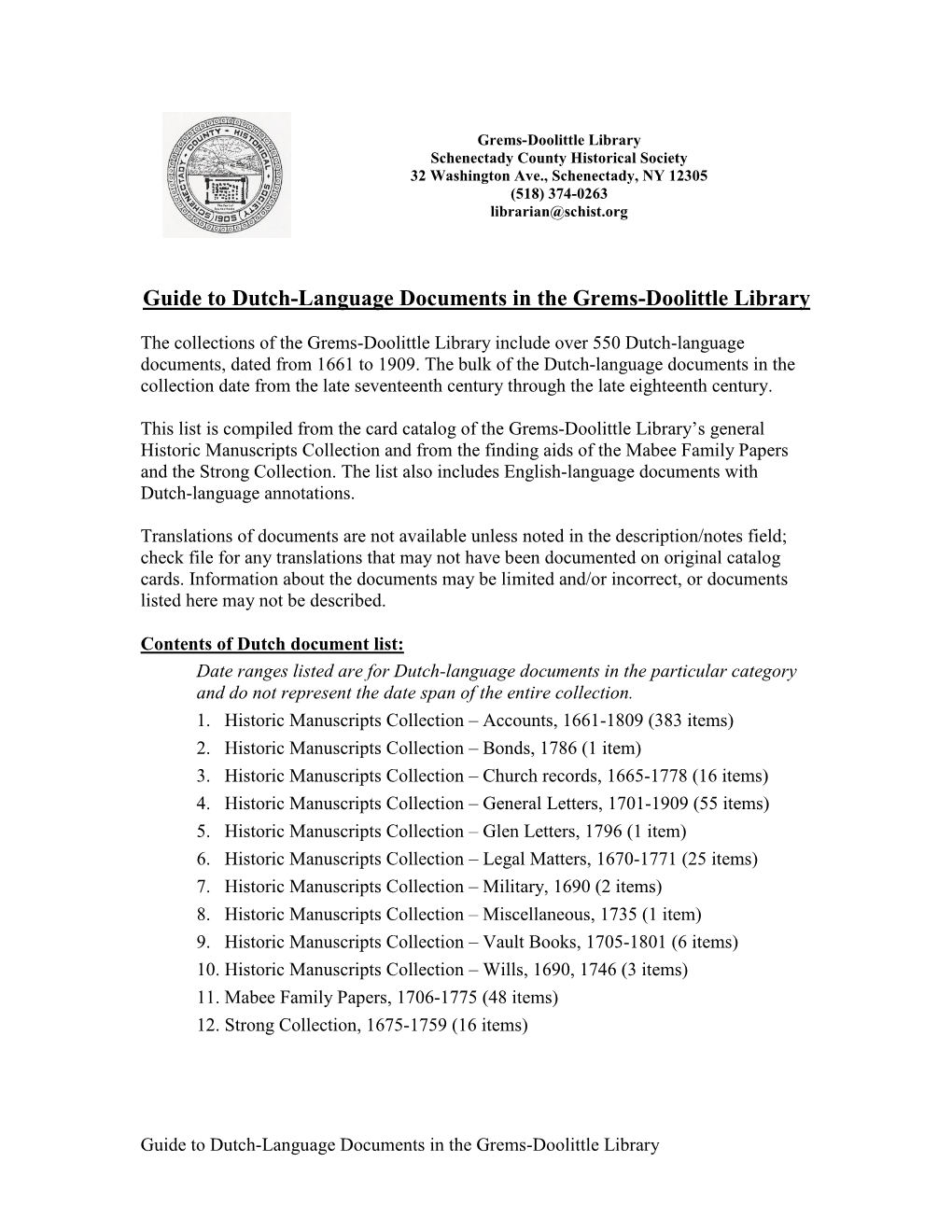 Guide to Dutch-Language Documents in the Grems-Doolittle Library