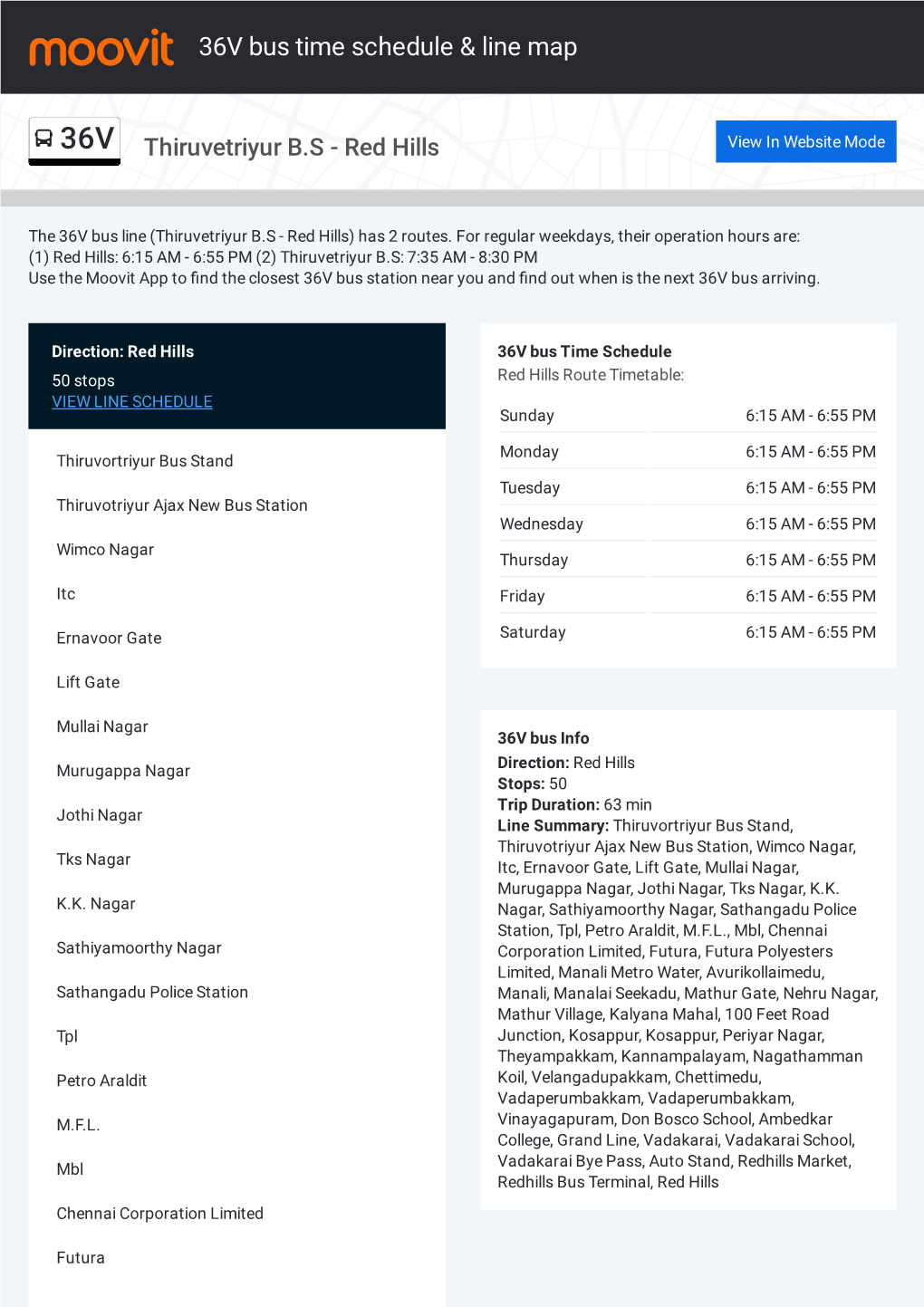 36V Bus Time Schedule & Line Route