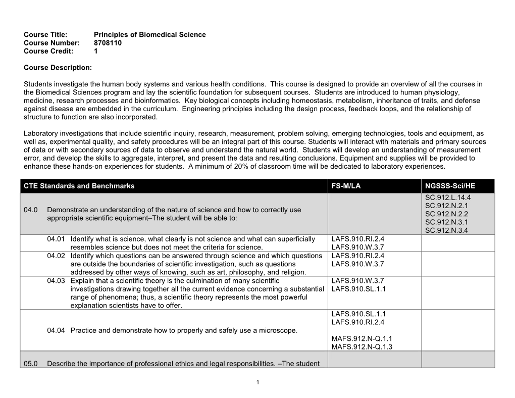 Principles of Biomedical Science Course Number: 8708110 Course Credit: 1