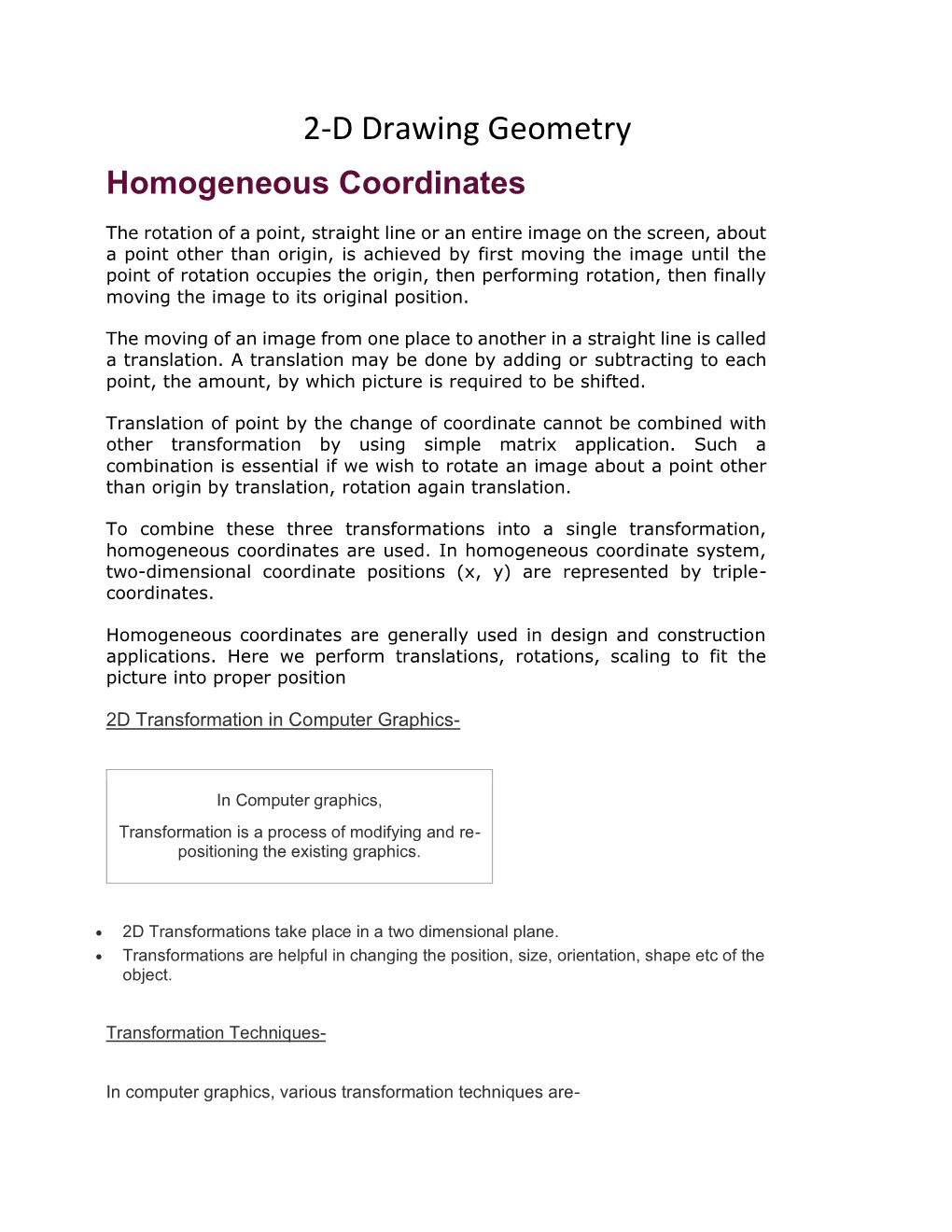 2-D Drawing Geometry Homogeneous Coordinates