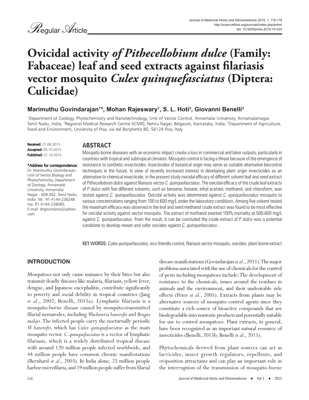 Ovicidal Activity of Pithecellobium Dulce (Family: Fabaceae) Leaf and Seed Extracts Against Fi Lariasis Vector Mosquito Culex Quinquefasciatus (Diptera: Culicidae)