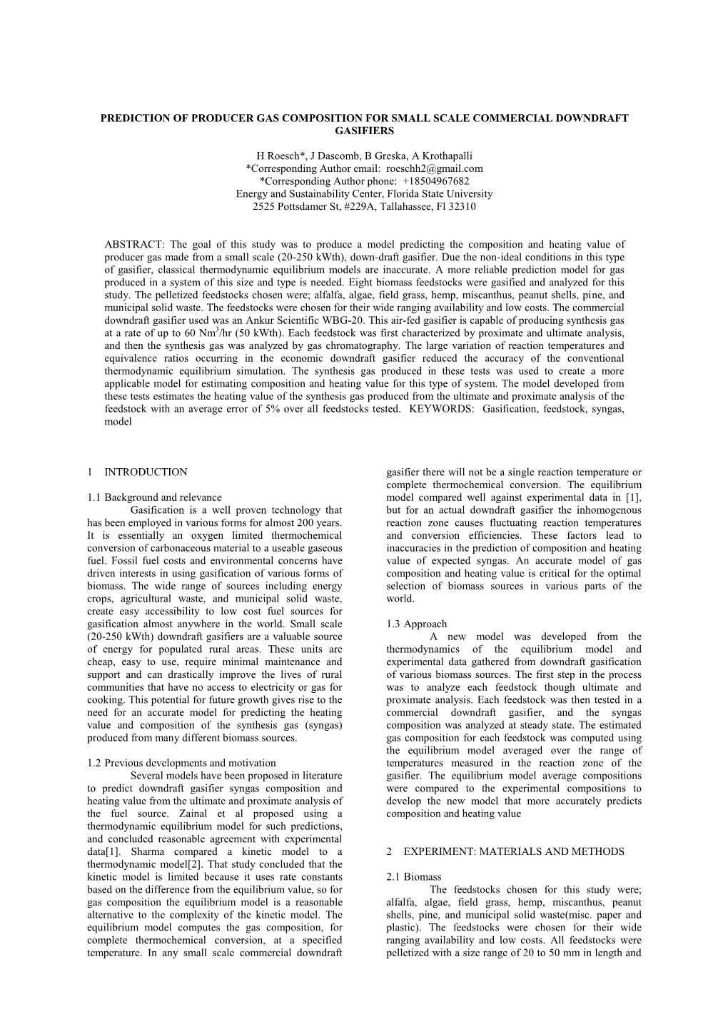 Prediction of Producer Gas Composition for Small Scale Commercial Downdraft Gasifiers