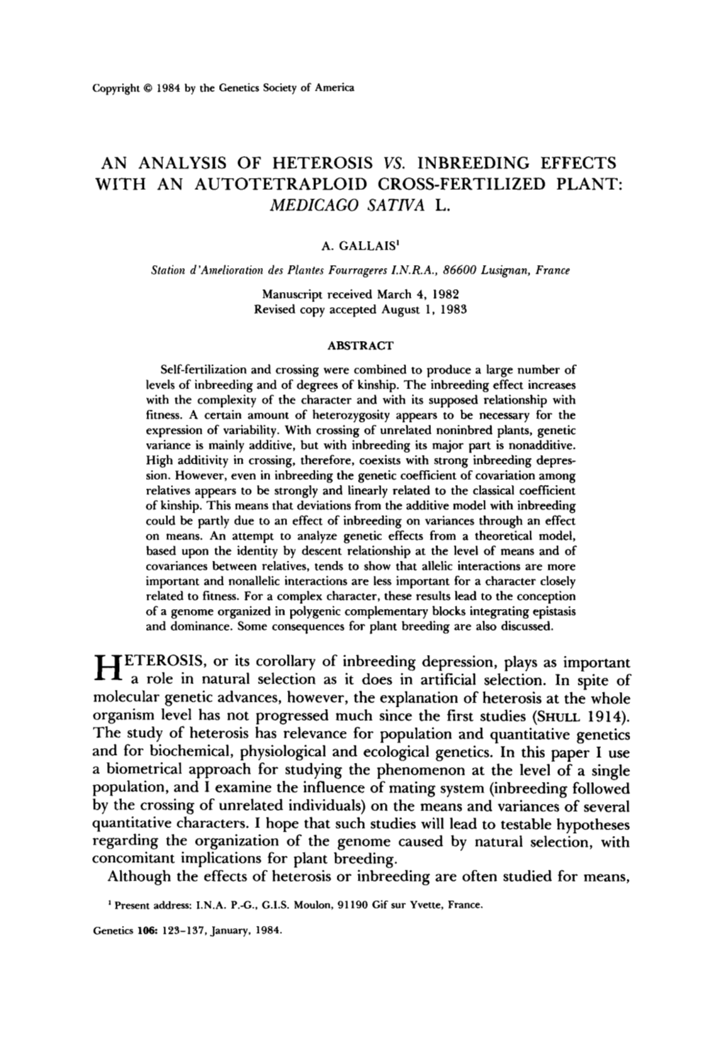 An Analysis of Heterosis Vs. Inbreeding Effects with an Autotetraploid Cross-Fertilized Plant: Medicago Satna L