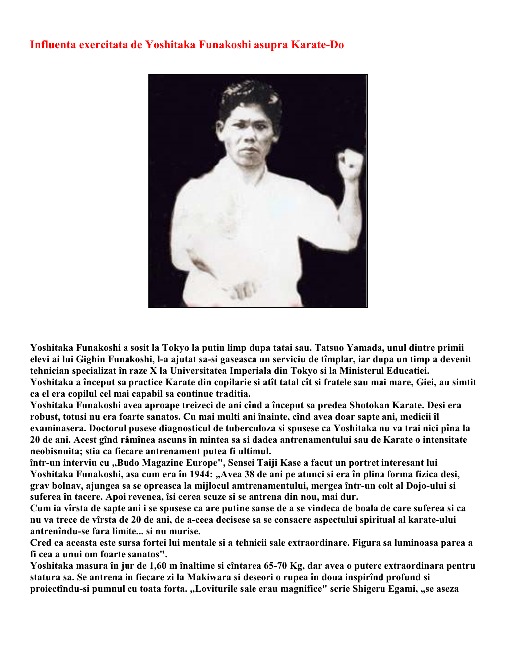 Influenta Exercitata De Yoshitaka Funakoshi Asupra Karate-Do