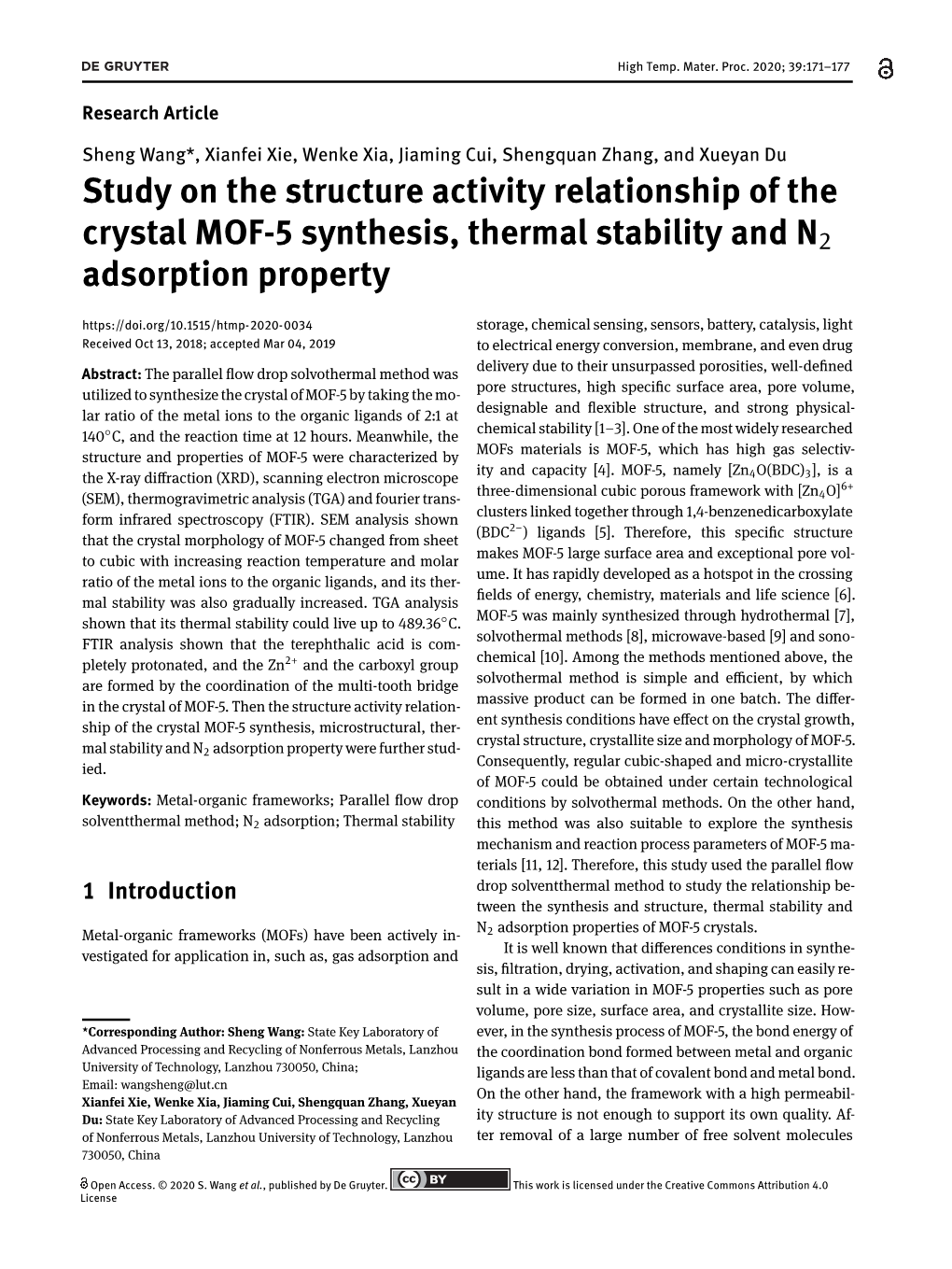 Study on the Structure Activity Relationship of the Crystal MOF-5 Synthesis, Thermal Stability and N2 Adsorption Property