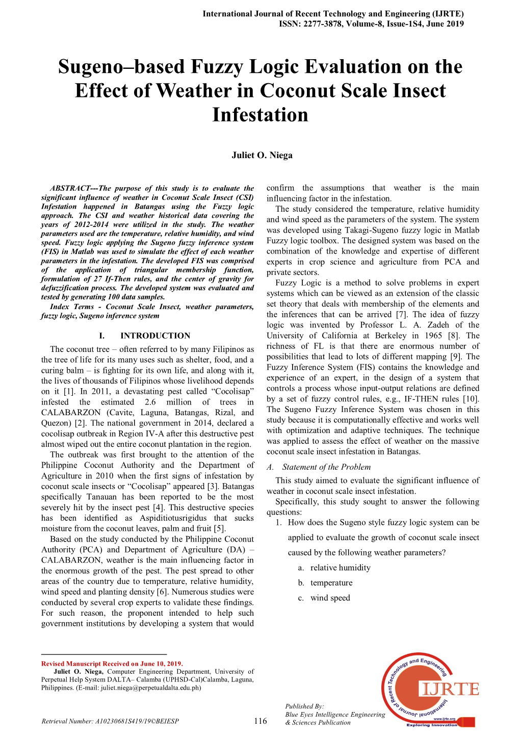 Sugeno–Based Fuzzy Logic Evaluation on the Effect of Weather in Coconut Scale Insect Infestation