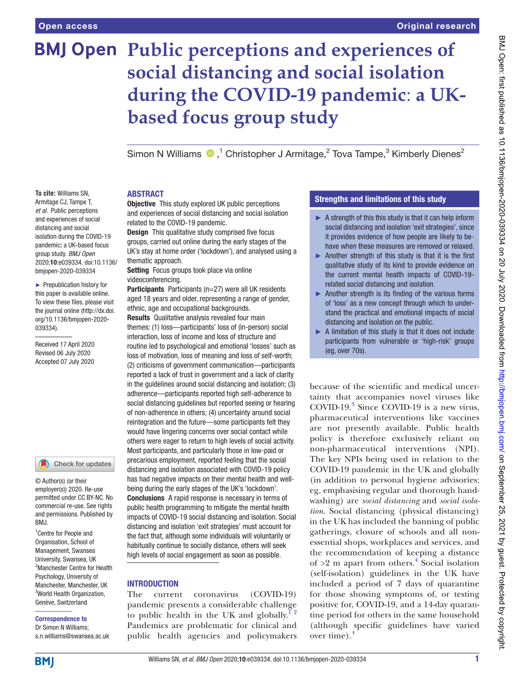 Public Perceptions and Experiences of Social Distancing and Social Isolation During the COVID-19 Pandemic: a UK- Based Focus