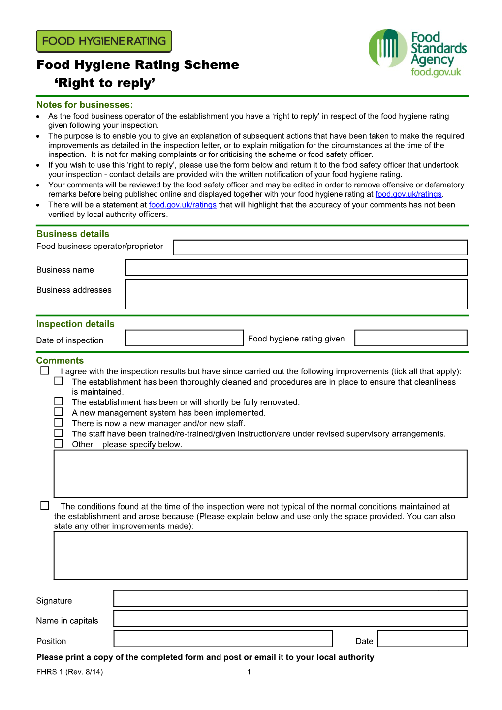 Food Hygiene Rating Scheme: Right to Reply