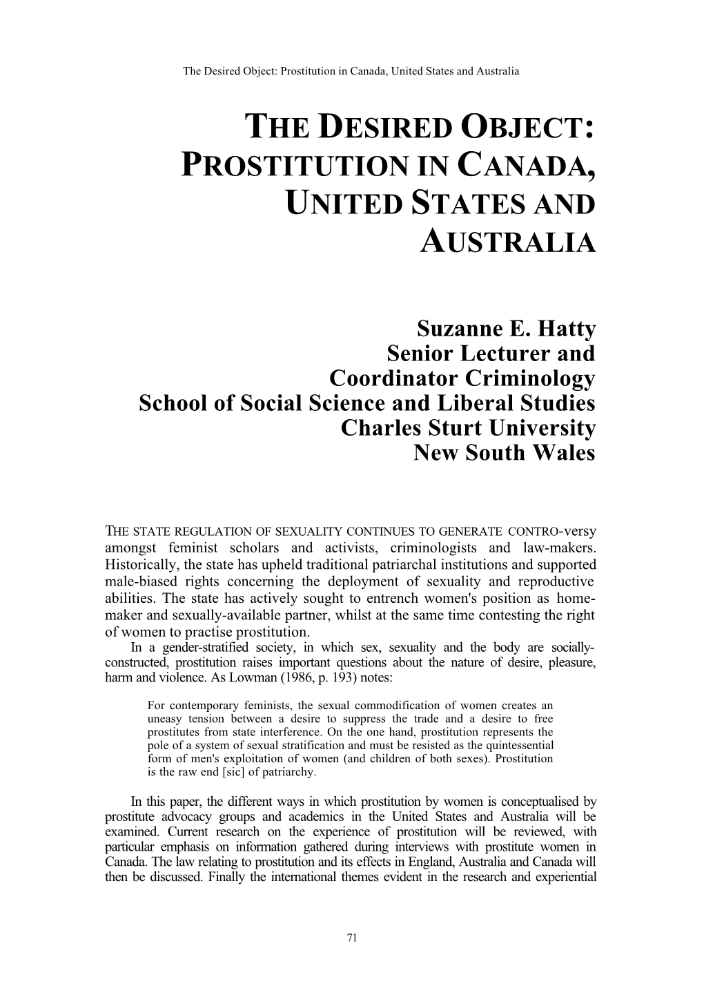 The Desired Object : Prostitution in Canda, United States and Australia