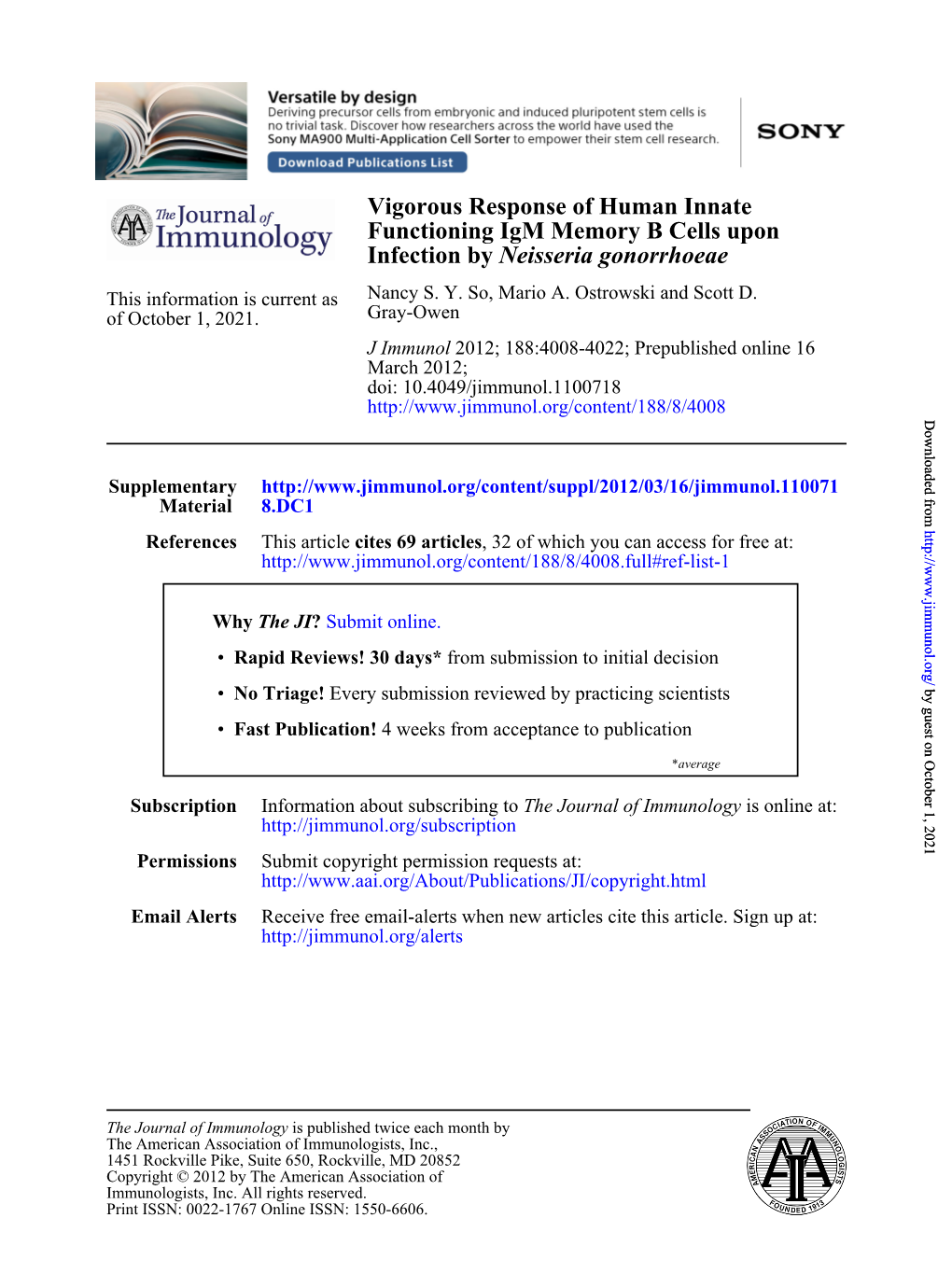 Neisseria Gonorrhoeae Infection by Functioning Igm Memory B Cells