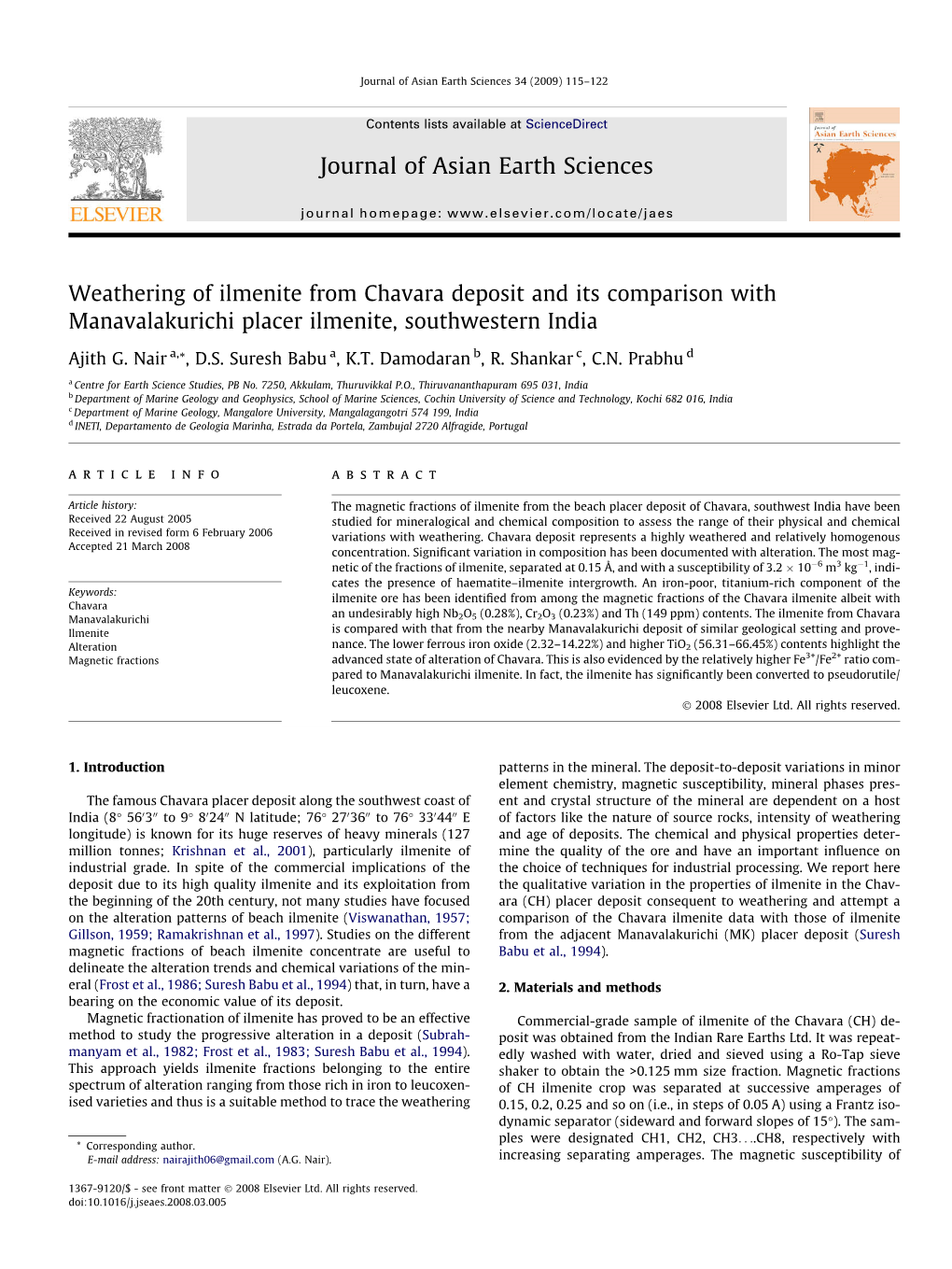 Weathering of Ilmenite from Chavara Deposit and Its Comparison with Manavalakurichi Placer Ilmenite, Southwestern India