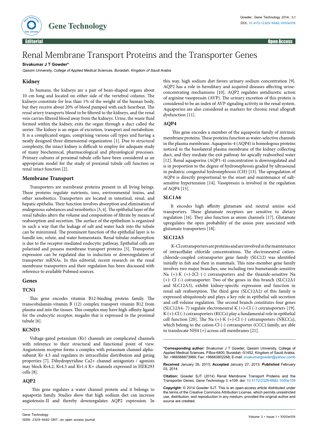 Renal Membrane Transport Proteins and the Transporter Genes