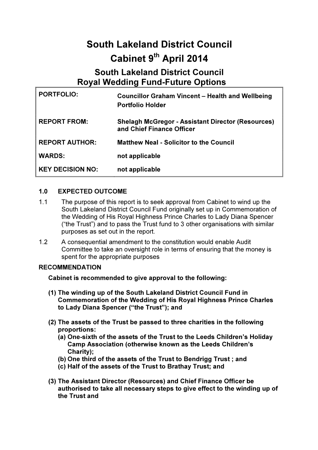 South Lakeland District Council Cabinet 9 April 2014