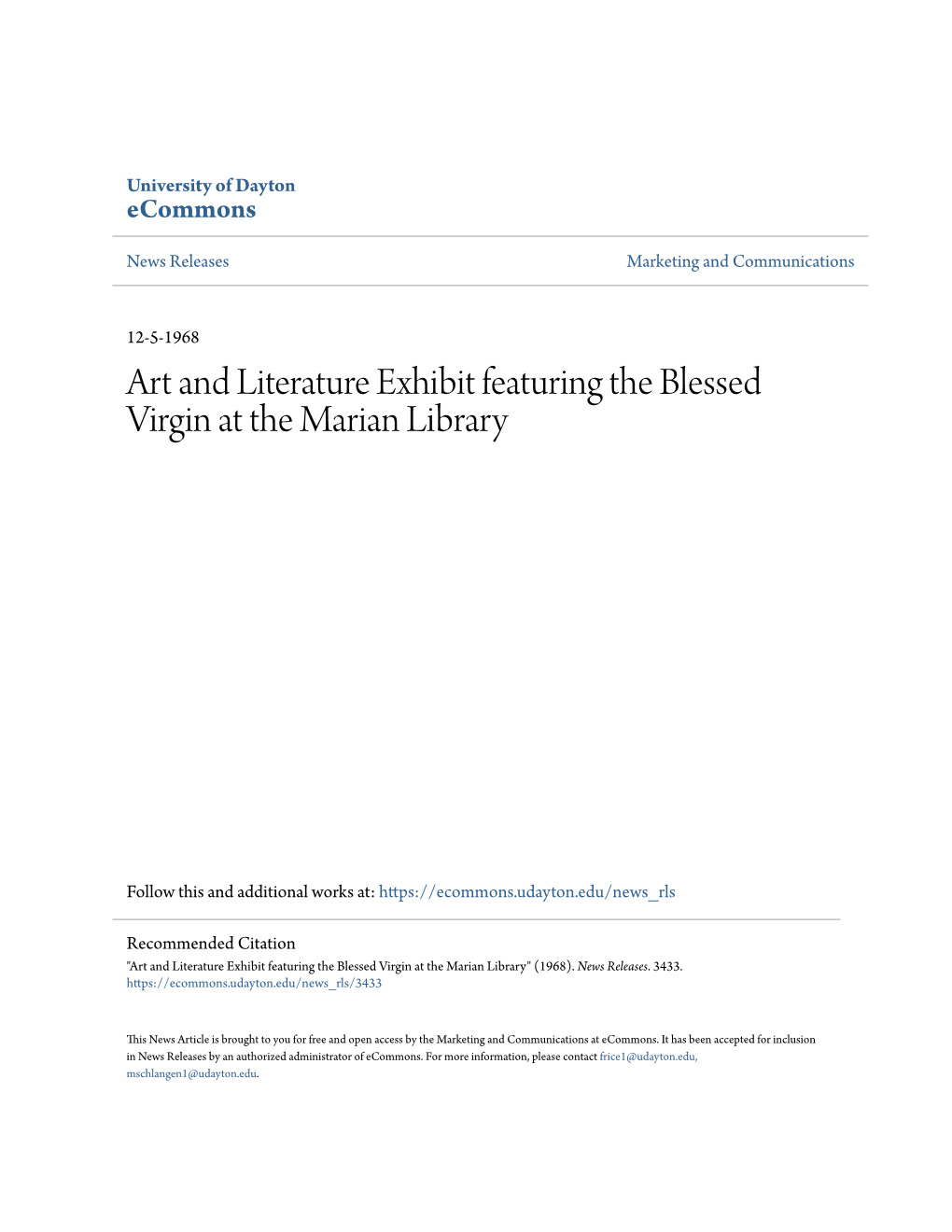 Art and Literature Exhibit Featuring the Blessed Virgin at the Marian Library