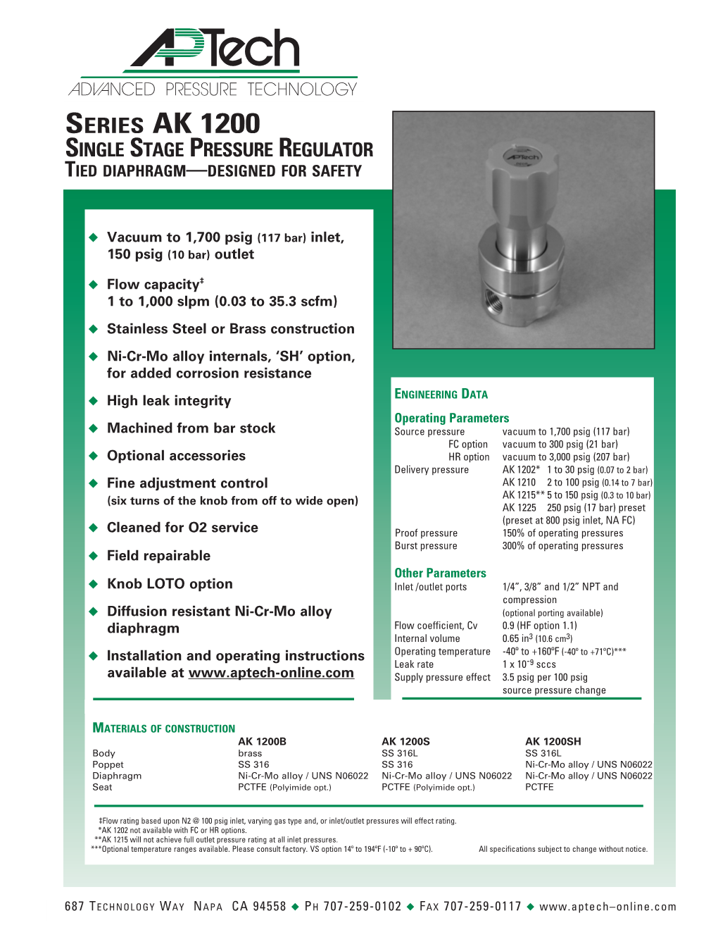 Series AK 1200 Single Stage Pressure Regulator Tied Diaphragm—Designed for Safety