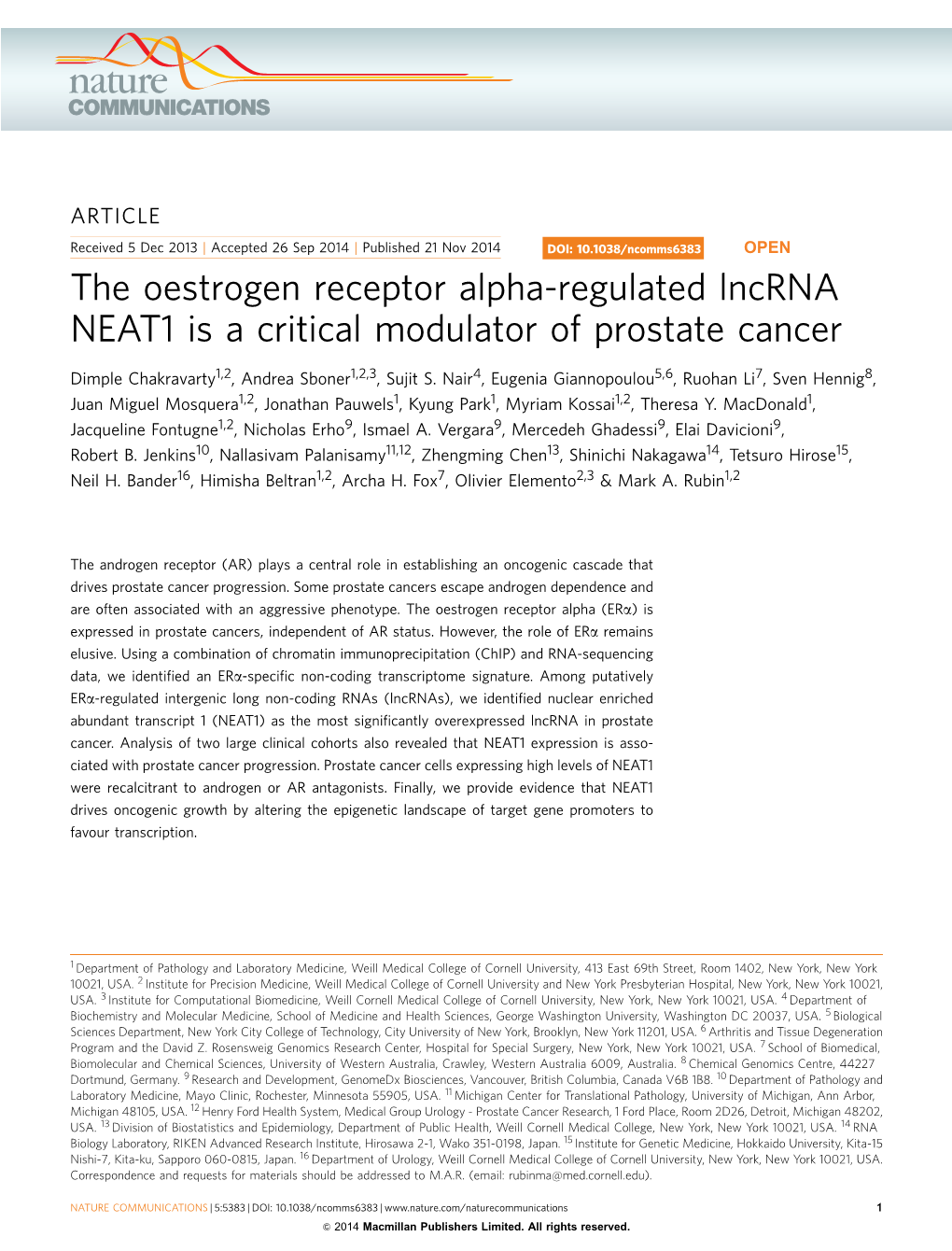 The Oestrogen Receptor Alpha-Regulated Lncrna NEAT1 Is a Critical Modulator of Prostate Cancer