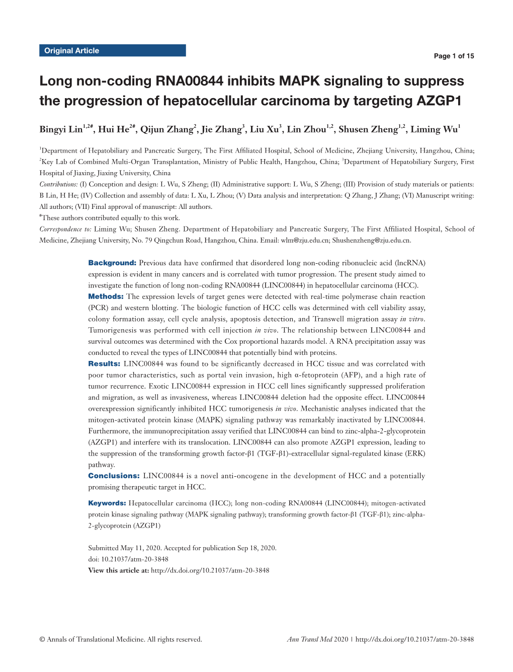 Long Non-Coding RNA00844 Inhibits MAPK Signaling to Suppress the Progression of Hepatocellular Carcinoma by Targeting AZGP1