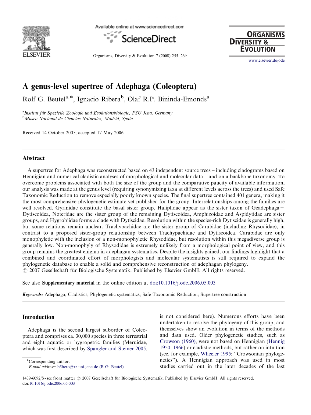 A Genus-Level Supertree of Adephaga (Coleoptera) Rolf G