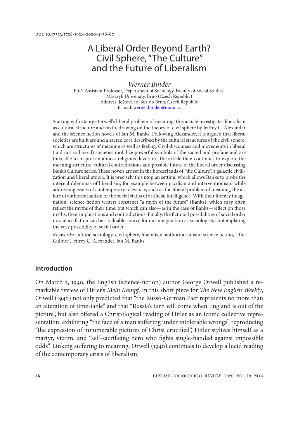 A Liberal Order Beyond Earth? Civil Sphere, “The Culture” and the Future of Liberalism