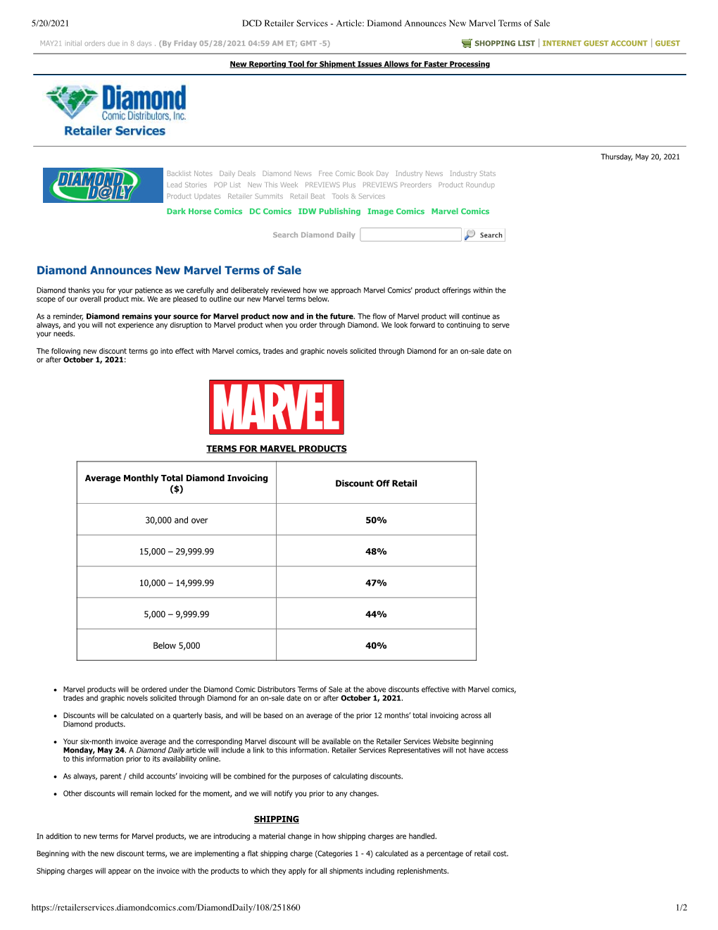 Diamond Announces New Marvel Terms of Sale