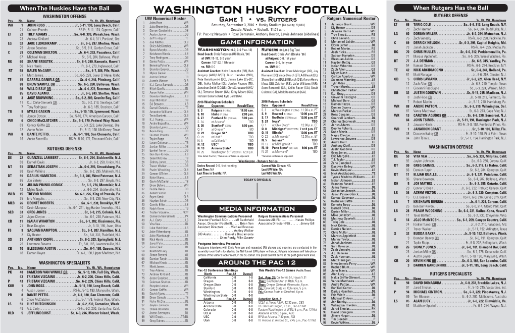 WASHINGTON HUSKY FOOTBALL RUTGERS OFFENSE WASHINGTON OFFENSE UW Numerical Roster Rutgers Numerical Roster Pos