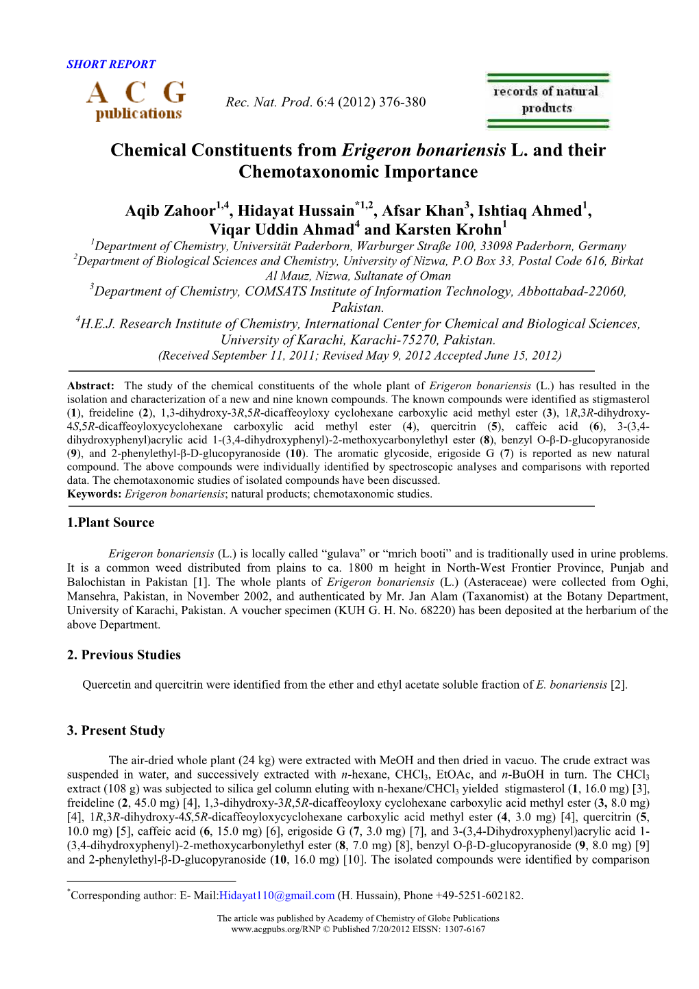 Chemical Constituents from Erigeron Bonariensis L. and Their Chemotaxonomic Importance